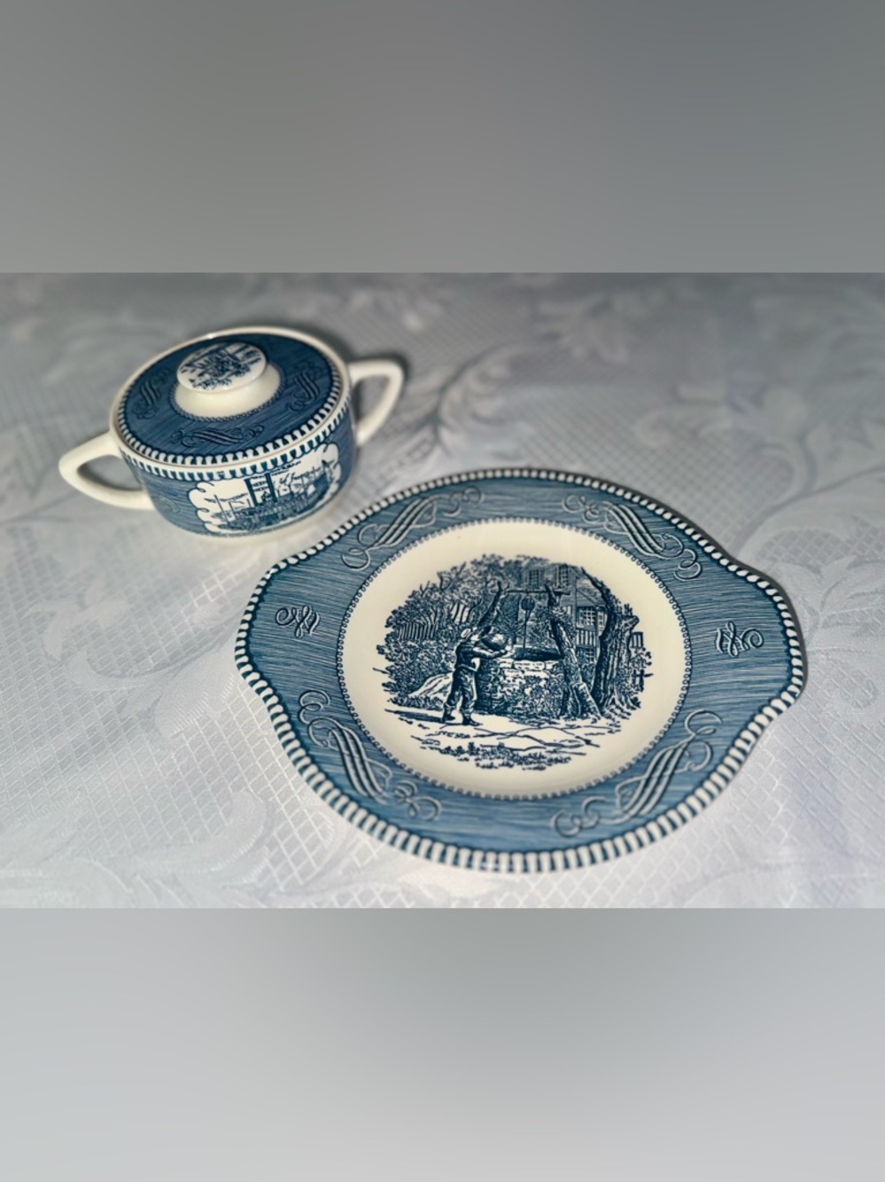 SOLD! -Currier & Ives Blue & White Sugar Bowl w/ Lid & Plate – Vintage - Picture 7 of 14